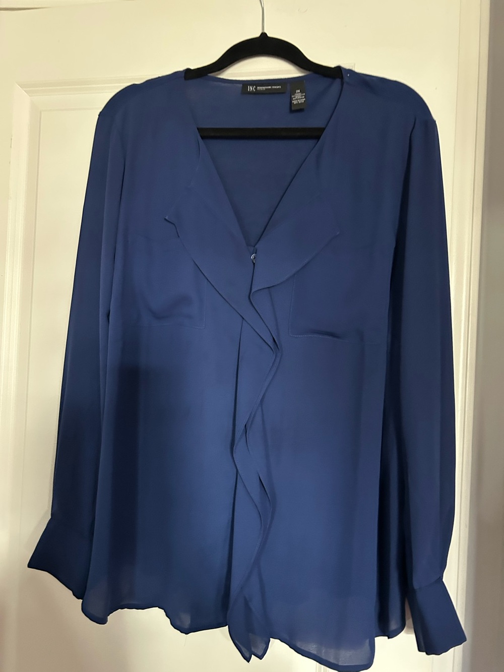 INC Navy Blue Ruffle-Front Long-Sleeve Blouse